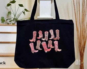 Cowgirl Boots Western Tote Bag, Pink Canvas Cowgirl Gift, Cowboy Boots Shoulder Bag