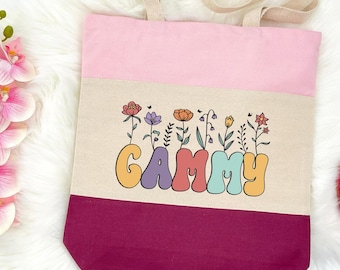 Floral Gammy Canvas Tote Bag, Grandma Flower Gift, Cotton Bag