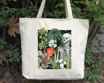 Plant Lover Bag, Funny Aesthetic Skeleton Tote, Funny Mom Bags, Skeleton Plant Gift Bag, Gift For Mom, Botanical Tote Bag, ZIPPER Tote Bag