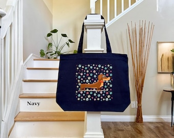 Dachshund Tote Bag, Cute Sausage Dog Canvas Shopping Bag