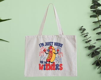 I Am Just Here For The Wieners Canvas Tote Bag, Funny Hot Dog Lover Reusable Shopping Bag, Hot Dog Lover Tote Bag