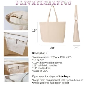 K&ouml;nnte beinhalten: Eine beige Canvas-Tragetasche mit Rei&szlig;verschluss. Die Tasche misst 50,8 cm in der Breite, 38,1 cm in der H&ouml;he und 12,7 cm in der Tiefe. Sie hat 63,5 cm lange, selbstgefertigte Griffe mit einem Fall von 27,9 cm. Die Tasche wird in den USA hergestellt.