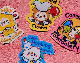 Clown Meme Glitter Vinyl Sticker | cute kawaii tumblr holographic decal clown sparkle water proof bear star cat balloons colourful