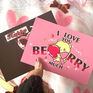 Adorables cartes pour la Saint-Valentin | chocolat kawaii ours chat minou coeur baies jeu de mots arc coquette pour elle idiot fraises carte postale saint valentin roses