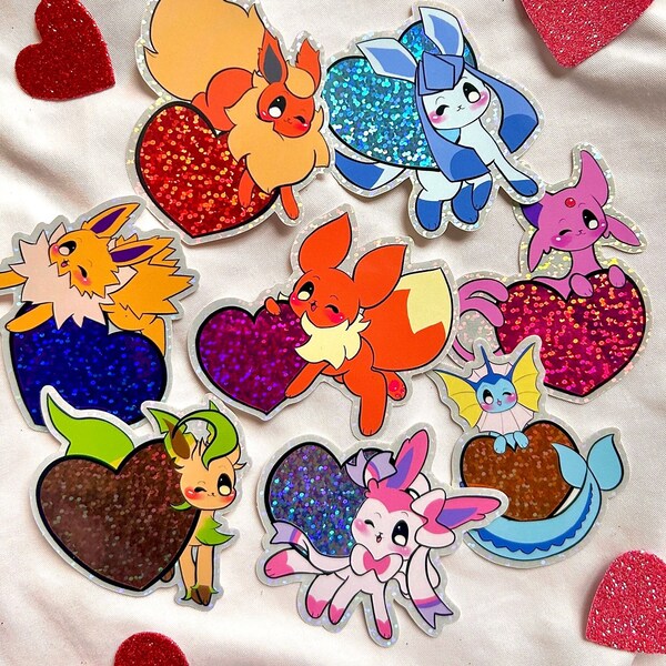 Eeveeloutions glitter heart vinyl sticker | sylveon vaporeon kawaii cute decal sparkle love gift glaceon flareon espeon jolteon