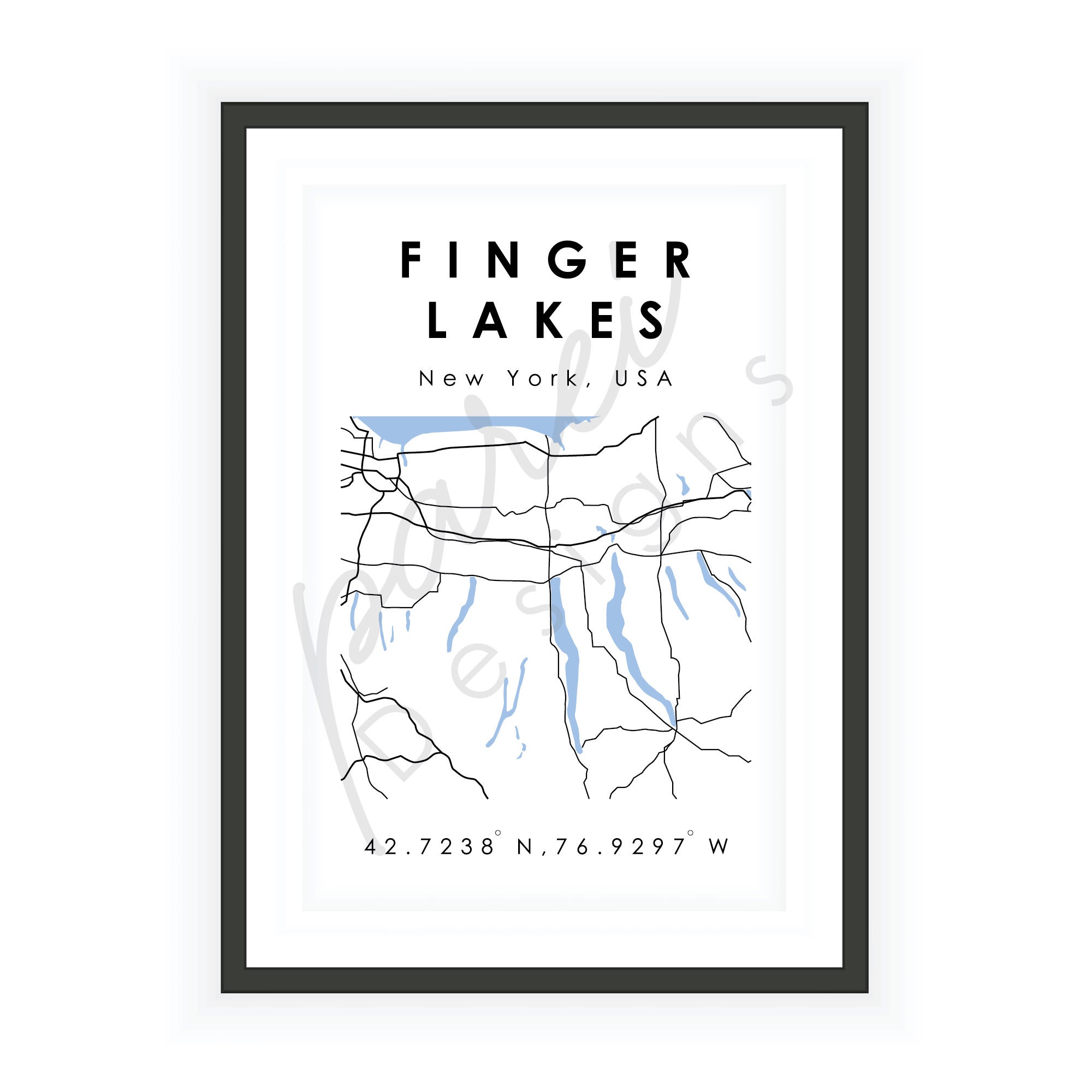 Finger Lakes NY USA Map Finger Lakes New York Digital Map Minimalistic