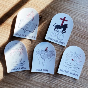 5 solas sticker set - 2.25x3 inch Waterproof Sticker (Decal) for your Laptop/Planner/Water Bottle, Christian Theology Reformed Illustration