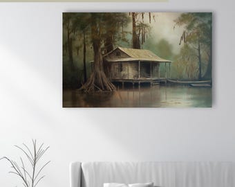 On the Bayou Canvas Print - Louisiana Swamp House Art