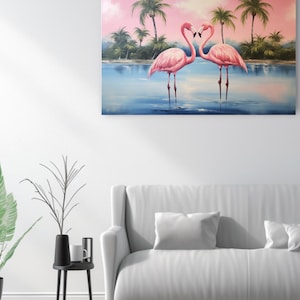Tropical Paradise Flamingo Canvas Print - Watercolor Flamingos Wall Art - Coastal Home Decor