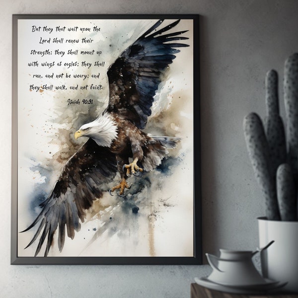 Bald Eagle Watercolor Painting with Isaiah 40:31 Bible Verse - Digital Download