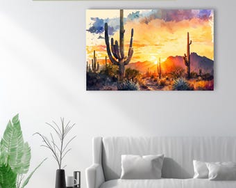 Saguaro Desert Sunset Watercolor Print on Canvas Arizona Painting  Southwest Art - Available in 5 Sizes