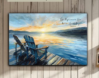 Impresión artística en lienzo con el amanecer cristiano de 1 Pedro 5:7: versículo bíblico inspirador con vista al lago. Varios tamaños disponibles