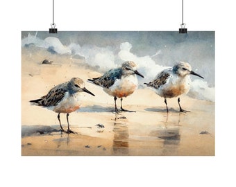 Puede incluir: Tres correlimos se encuentran en una playa de arena con olas espumosas en el fondo. Las aves son marrones, grises y blancas con patas largas y delgadas y picos. La pintura está hecha en estilo acuarela.