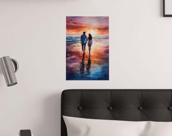 Romantic Beach Sunset Poster - Couple Holding Hands Wall Art | Vibrant Ocean Sunset Print on Museum-Grade Paper | 12x18, 20x30, 24x36