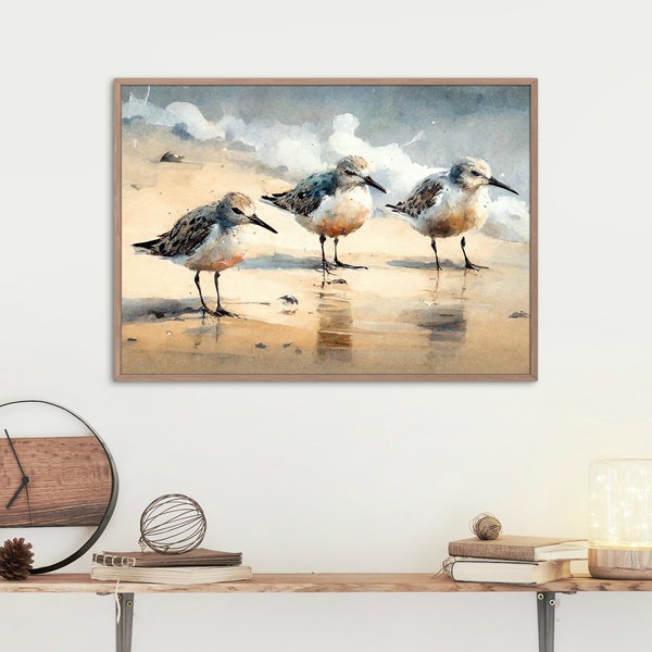 Sandpipers Watercolor Painting on the Beach Coastal Wall Art Digital Download