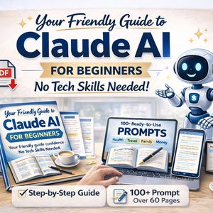 Puede incluir: Anuncio de una guía de Claude AI para principiantes. La imagen presenta un libro, una computadora portátil, una tableta y un teléfono inteligente que muestran el contenido de la guía. También hay un personaje de robot amigable, junto con el texto "Your Friendly Guide to Claude AI for Beginners."