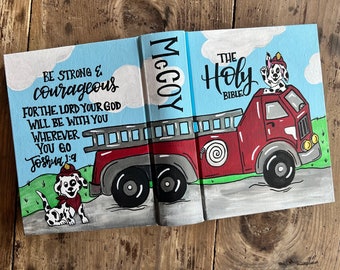 Hand painted bible personalized fire truck kids baptism gift
