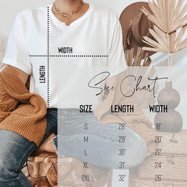 May include: Size chart for a white t-shirt with measurements in inches. The chart shows the size, length, and width of the shirt in sizes S, M, L, XL, and 2XL.