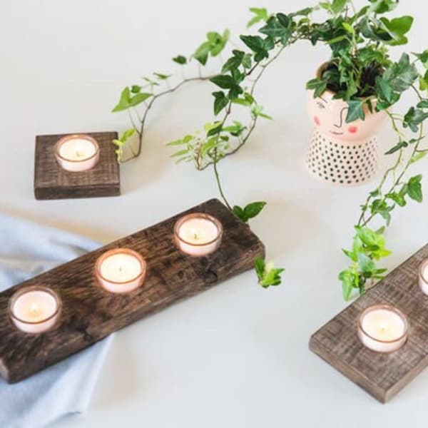 Wood Tea Light Candle Holders | Reclaimed Oak Rustic Tea Light Candle Holder | Triple, Double, & Single (2-Pack) Hole Candle Holders