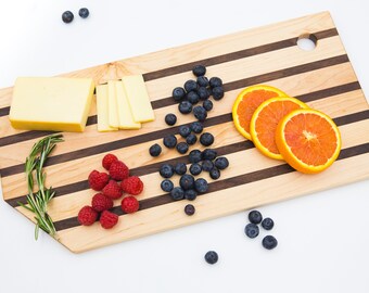 Notched Cutting Board, Striped Chopping Board, Charcuterie Butcher Board | Walnut and Maple Hardwood Butcher Block | Handmade