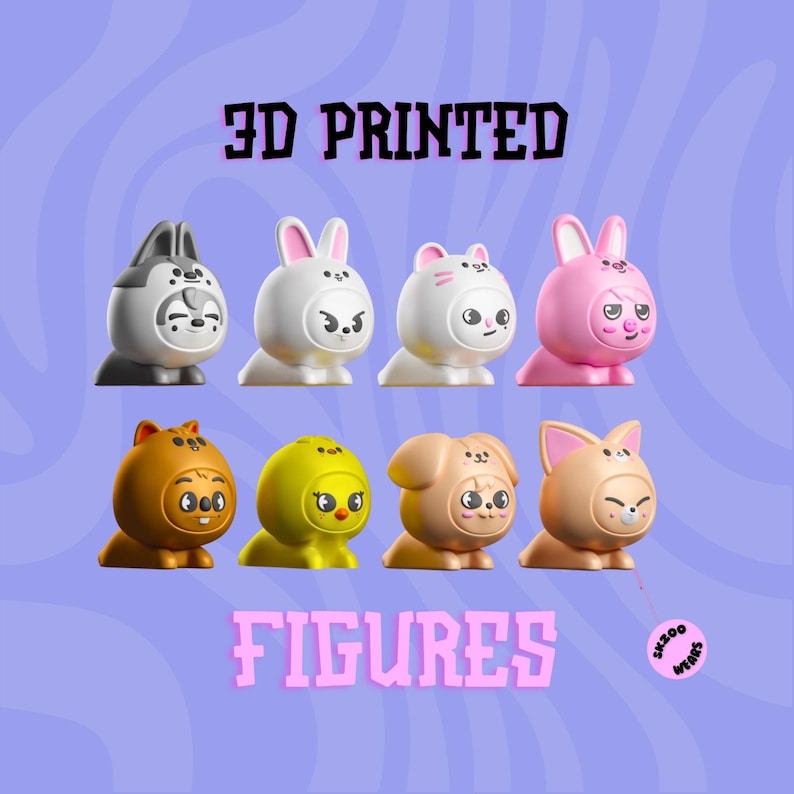 Pu&ograve; includere: Figure 3D stampate di vari animali, tra cui un lupo, un coniglio, un gatto e una volpe. Le figure sono tutte di colori diversi e hanno espressioni carine sui loro volti. Il testo "3D PRINTED FIGURES" &egrave; visualizzato sopra le figure.