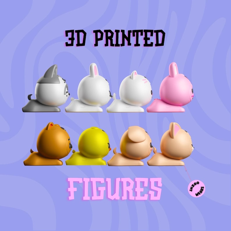 Pu&ograve; includere: Figure 3D stampate di vari animali, tra cui un cane, un gatto, un orso, un pulcino e un maiale. Le figure sono tutte in stile cartone animato e sono colorate.