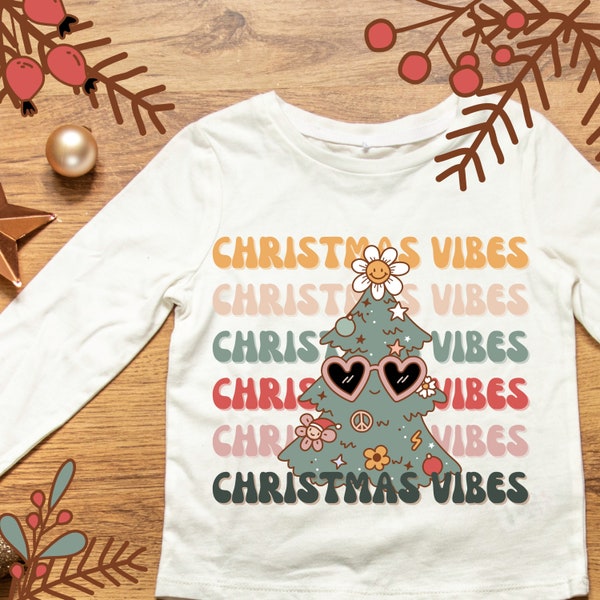 Retro Christmas Vibes T-shirt, Groovy Girl Holiday Tree PNG, Christmas Tree Digital Download, Holiday PNG, Christmas T-shirt Design, JPEG