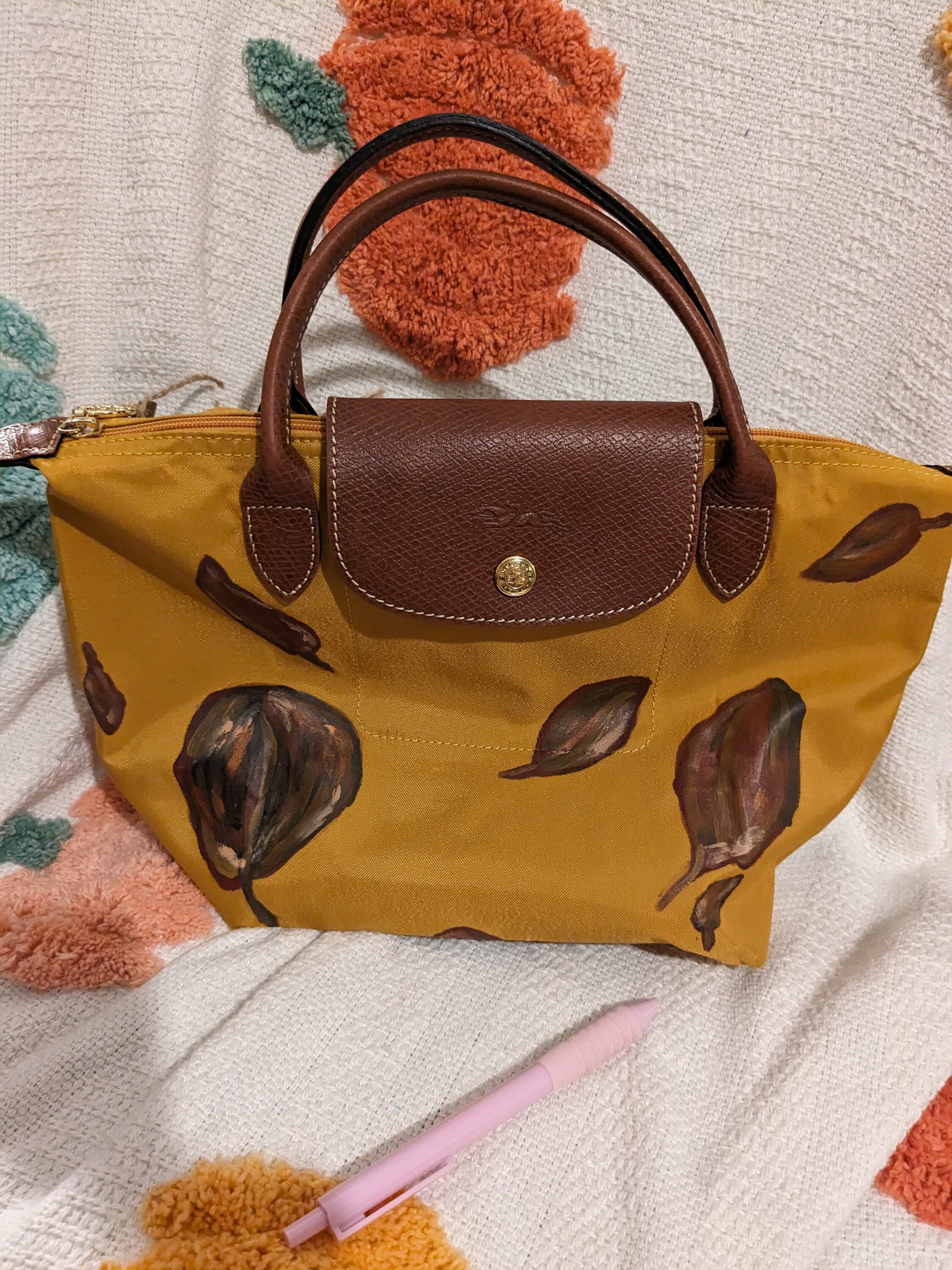 Leaf autumn design lepliage longchamp upcycled handpainted tote bag small size preloved mustard yellow