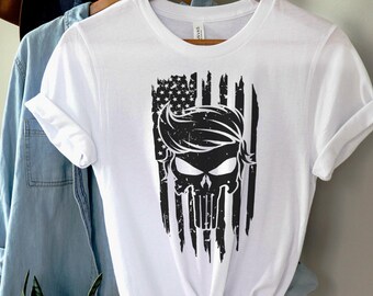 T-shirt Trump 2024 - Drapeau Punisher Et Slogan, Noir, 100% Coton Gildan (tailles S-5XL)