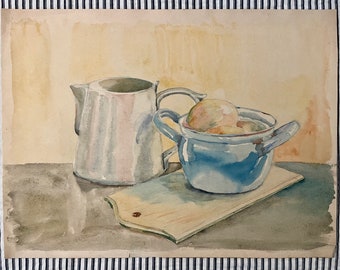 1930s vintage original watercolor art - unframed simple kitchen still life w/muted colors, pitcher, fruit, cutting board & bowl