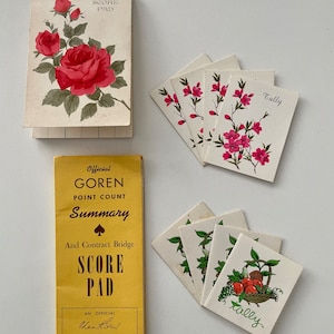 Vintage midcentury LOT of Bridge Card Club tallies/score pads w/ floral and fruit designs - fun gift set!