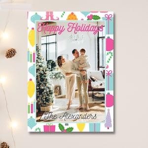 Bunte wunderliche Feiertags-Fotokarte, Weihnachtsbaum-Feiertags-personalisierte Grußkarte, Weihnachtsfotokarte, Maximalist-Familienkarte