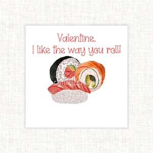 Sushi Valentine, Foodie Valentine, Sushi Roll Valentine, Watercolor Valentine, School Valentine Gift Tags, Kids / Preschool Valentines