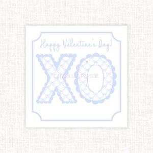 Lazos azules XO para San Valentín, XO festoneado para San Valentín, Grandmillennial para San Valentín, Etiquetas para regalo de San Valentín para niños de escuela preppy, San Valentín para niños en edad preescolar