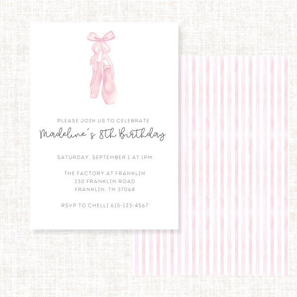 Ballerina Birthday Party Invitation, Ballet Party Invite, Pink Watercolor Ballet Pointe Shoes, Simple Modern Party Invitation
