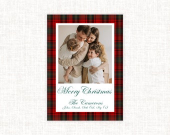 Classic Christmas Personalized Holiday Photo Card, Watercolor Tartan Plaid Christmas Card, Traditional Christmas, Grandmillennial Holiday