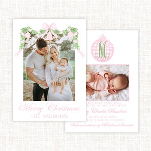 Faire-part de naissance aquarelle, noeud vichy rose, Noël classique, carte de vœux grand millénaire, monogramme BCBG