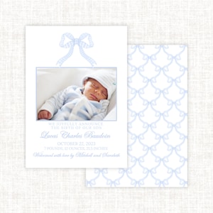 Schleife Baby Geburt Ankündigung, Neugeborene Baby Junge Ankündigung, Erbstück Aquarell Baby Ankündigung, Grandmillennarium Geburt Ankündigung