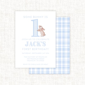 Bunny 1st Birthday Party Invitation, Bunny Party Invite, Blue Watercolor Party Invitation, Grandmillennial Party Invitation, First Birthday