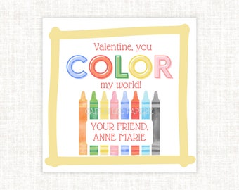 Crayon Valentine, You color my world Valentine, Colorful Watercolor Valentine, School Valentine Gift Tags, Preschool / Kids Valentines