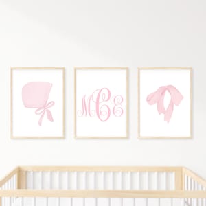 Baby Girl Classic Nursery prints, Heirloom Baby Keepsake, Baby Shower Gift, Watercolor Bow Nursery Prints, Interlock Monogram