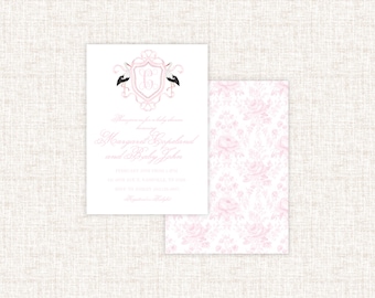Classic Crest Monogram Baby Shower Invitation, Stork Baby Girl Shower invitation, Heirloom Watercolor Baby Shower Invite Grandmillenial Baby