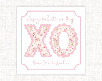 Etiquetas de regalo festoneadas con rosas vintage XO para San Valentín, San Valentín preppy para la abuela y el milenio, San Valentín para niños en el aula/preescolar