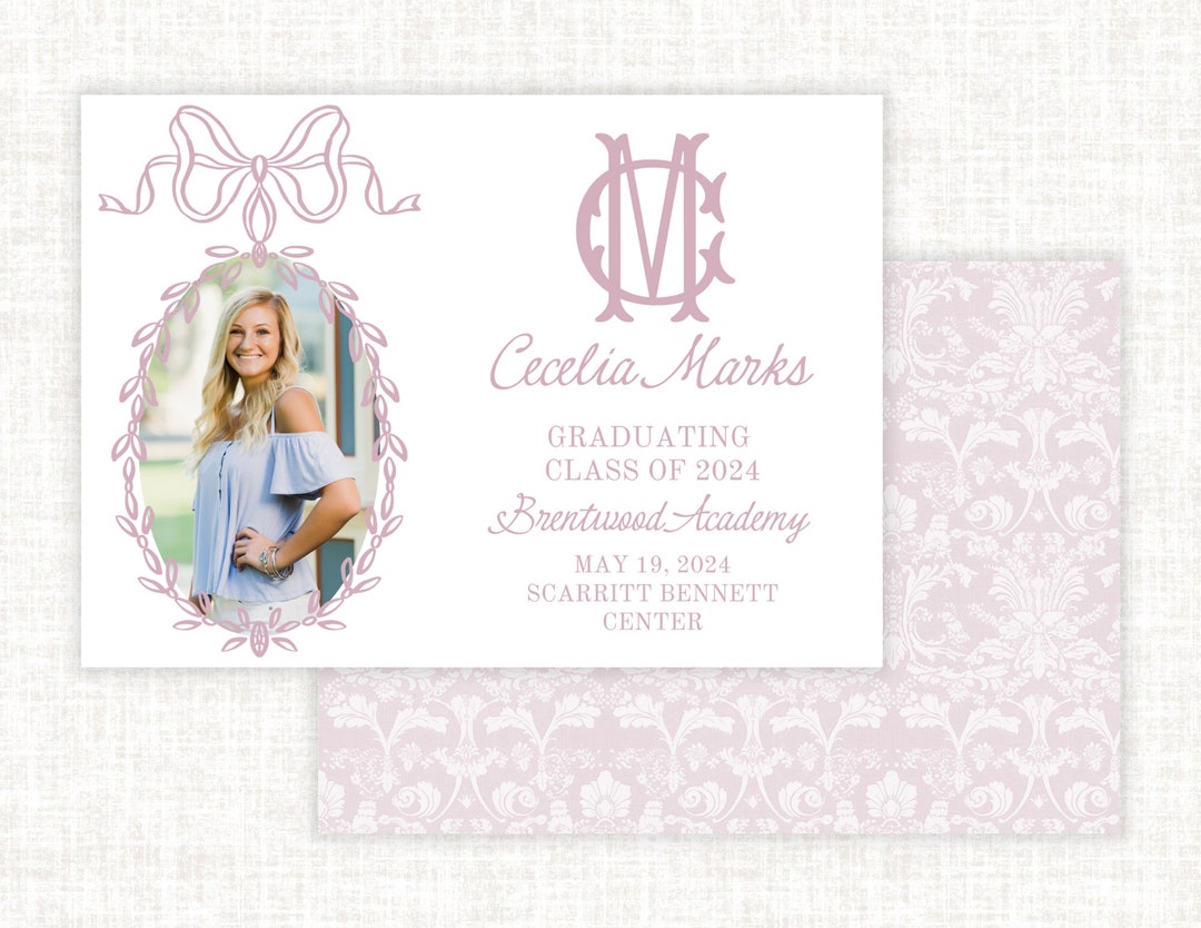 Bow Monogram Graduation Photo Card, Custom Grad Announcement Picture ...