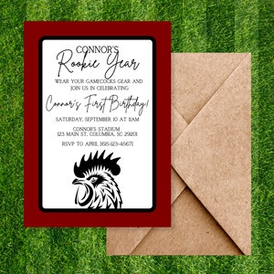 Rookie Year Birthday Invitation, Football Birthday, Garnet and Black Football Invitation, Unique First Birthday Invite,