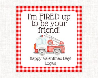 Fire Truck Firefighter Valentine Cards, I'm Fired Up to be Your Friend Valentine Gift Tags, Kids Classroom / Preschool Valentines