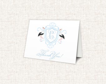 Classic Crest Monogram Baby Shower Invitation, Stork Baby Boy Shower invitation, Heirloom Watercolor Baby Shower Invite, Thank You Notes