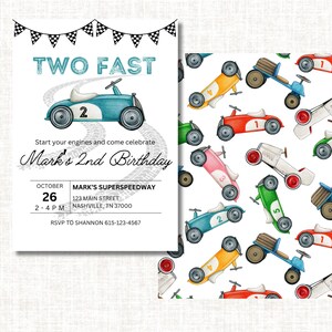 Two Fast Racecar birthday invitation, Race Car Birthday invite, Boy Birthday Invitation, Unique Second Birthday