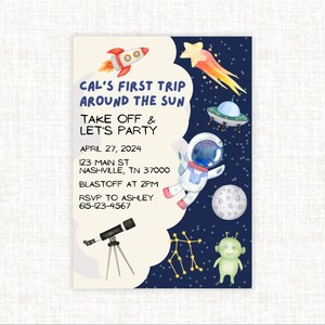 First Trip Around the Sun first birthday invitation, Space 1st Birthday Party Invite, Boy Birthday Invitation, Unique First Birthday Invite