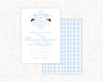 Classic Crest Monogram Baby Shower Invitation, Stork Baby Boy Shower invitation, Heirloom Watercolor Baby Shower Invite, Grandmillenial Baby